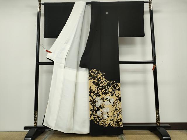 平和屋着物●豪華黒留袖　刺繍　草花文　シルエット　金彩　正絹　逸品　CABG5453ut
