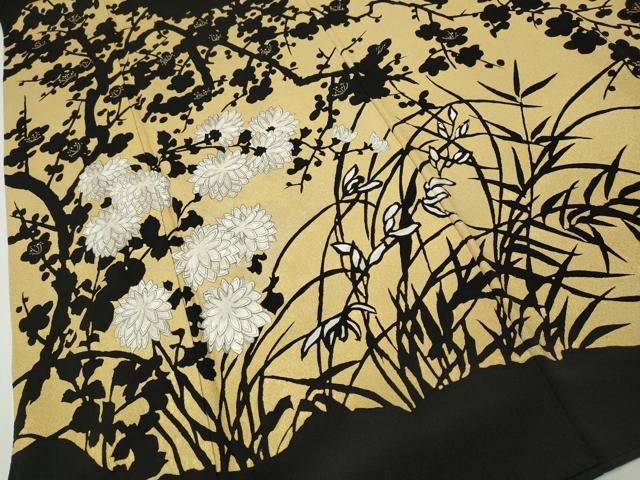 平和屋着物●豪華黒留袖　刺繍　草花文　シルエット　金彩　正絹　逸品　CABG5453ut