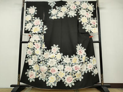 平和屋着物●訪問着　薔薇　黒地　金銀彩　正絹　逸品　CABG5476ut