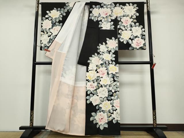 平和屋着物●訪問着　薔薇　黒地　金銀彩　正絹　逸品　CABG5476ut