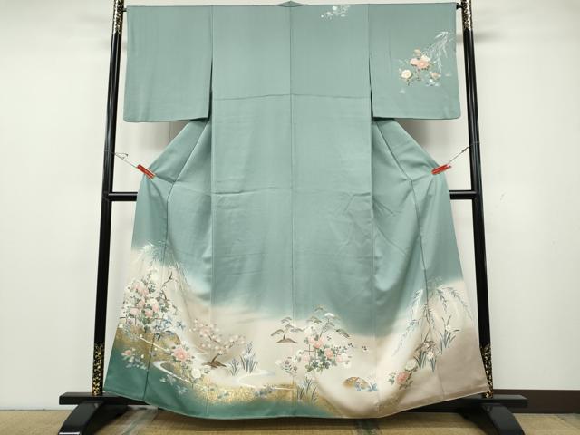 平和屋着物●訪問着　流水草花文　暈し染め　金銀彩　正絹　逸品　CABG5484ut