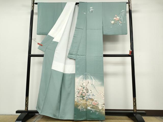 平和屋着物●訪問着　流水草花文　暈し染め　金銀彩　正絹　逸品　CABG5484ut