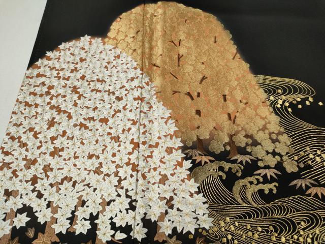 平和屋着物●豪華黒留袖　総刺繍　立波草花文　金糸　正絹　逸品　CABG5497ut