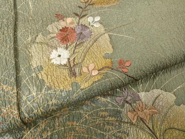 平和屋着物●訪問着　絞り　刺繍　雪輪草花文　金銀彩　正絹　逸品　CABG5498ut