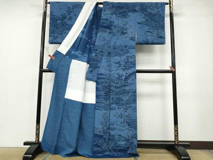 平和屋着物●訪問着　藍　風景草花文　鬼しぼ縮緬　正絹　逸品　CABG5531ut