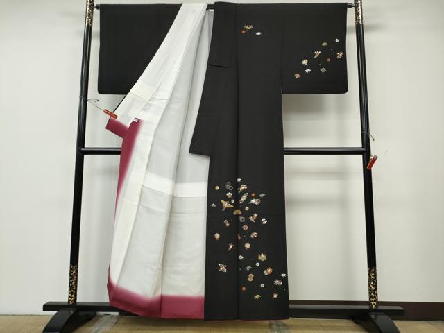 平和屋着物●訪問着　総刺繍　飛鶴宝尽くし文　黒地　金糸　正絹　逸品　CABG5543ut