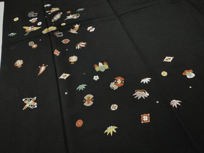 平和屋着物●訪問着　総刺繍　飛鶴宝尽くし文　黒地　金糸　正絹　逸品　CABG5543ut