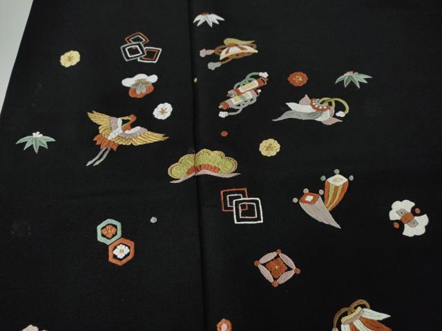 平和屋着物●訪問着　総刺繍　飛鶴宝尽くし文　黒地　金糸　正絹　逸品　CABG5543ut