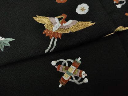 平和屋着物●訪問着　総刺繍　飛鶴宝尽くし文　黒地　金糸　正絹　逸品　CABG5543ut