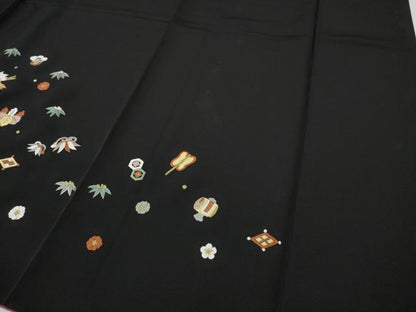 平和屋着物●訪問着　総刺繍　飛鶴宝尽くし文　黒地　金糸　正絹　逸品　CABG5543ut