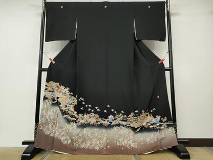 平和屋着物●本加賀友禅作家　宮本則子　黒留袖　風景飛鳥花文　正絹　逸品　CABG5548ut