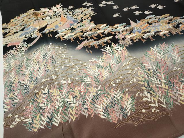 平和屋着物●本加賀友禅作家　宮本則子　黒留袖　風景飛鳥花文　正絹　逸品　CABG5548ut