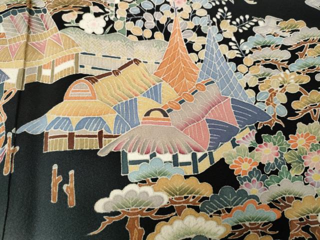 平和屋着物●本加賀友禅作家　宮本則子　黒留袖　風景飛鳥花文　正絹　逸品　CABG5548ut