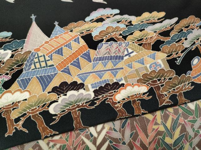 平和屋着物●本加賀友禅作家　宮本則子　黒留袖　風景飛鳥花文　正絹　逸品　CABG5548ut