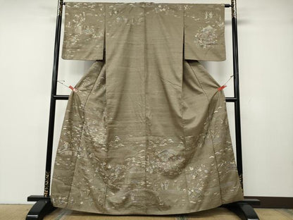 平和屋着物●中国三大刺繍　相良刺繍　総刺繍　訪問着　紬地　流水風景草花文　正絹　逸品　CABG5549ut