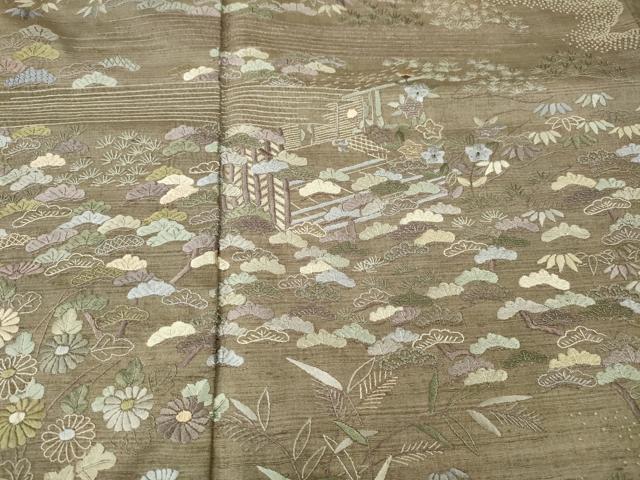 平和屋着物●中国三大刺繍　相良刺繍　総刺繍　訪問着　紬地　流水風景草花文　正絹　逸品　CABG5549ut