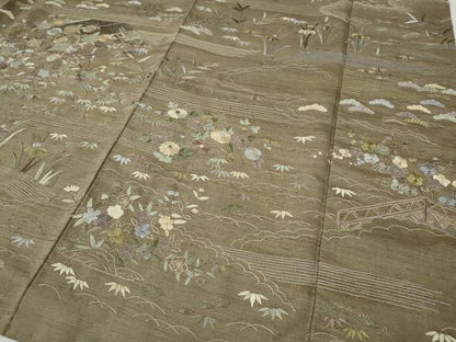 平和屋着物●中国三大刺繍　相良刺繍　総刺繍　訪問着　紬地　流水風景草花文　正絹　逸品　CABG5549ut