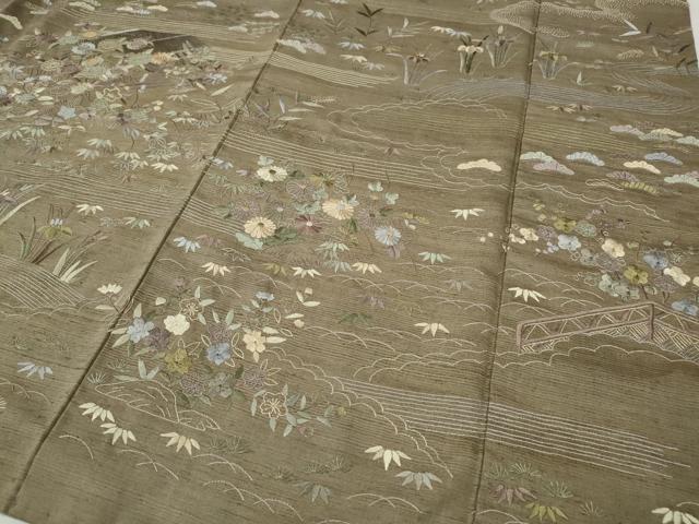 平和屋着物●中国三大刺繍　相良刺繍　総刺繍　訪問着　紬地　流水風景草花文　正絹　逸品　CABG5549ut