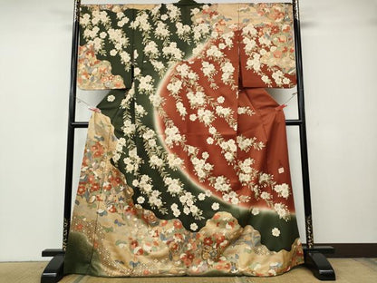 平和屋着物●英王室献上友禅作家　木下勝功　訪問着　駒刺繍　道長草花文　暈し染め　金彩　ロング丈　正絹　逸品　CABG5550ut