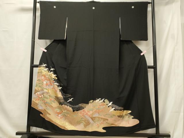 平和屋着物■豪華黒留袖　風景飛鶴花松文　金彩　正絹　逸品　CABG5711oy