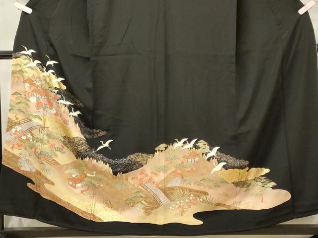 平和屋着物■豪華黒留袖　風景飛鶴花松文　金彩　正絹　逸品　CABG5711oy