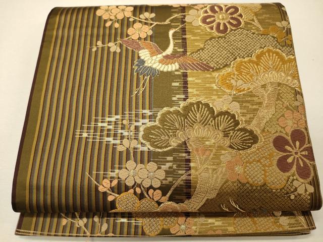平和屋着物◎六通柄袋帯　唐織　飛鶴花松間道　金糸　正絹　逸品　CABG5814oy