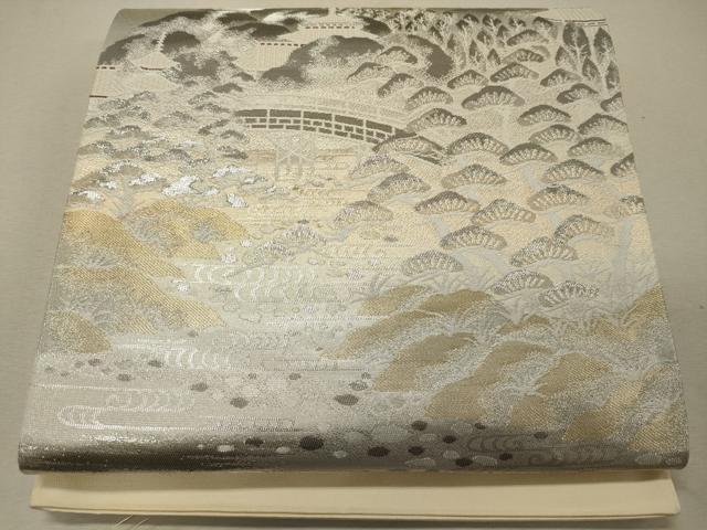 平和屋着物◎西陣　六通柄袋帯　錦プラチナ箔　渡橋風景松文　正絹　逸品　CABG5823oy