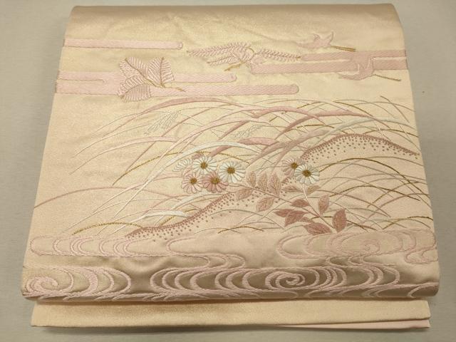 平和屋着物◎太鼓柄袋帯 刺繍 流水芝花鳥文 金糸 正絹 逸品 CABG5842oy