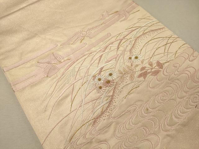 平和屋着物◎太鼓柄袋帯 刺繍 流水芝花鳥文 金糸 正絹 逸品 CABG5842oy