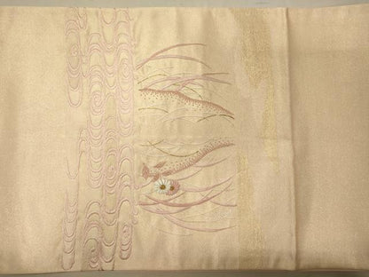 平和屋着物◎太鼓柄袋帯 刺繍 流水芝花鳥文 金糸 正絹 逸品 CABG5842oy