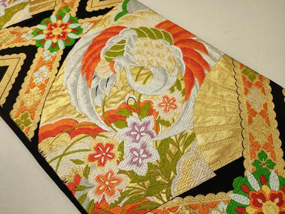 平和屋着物◎六通柄袋帯 唐織 扇面花鶴文 黒地 金銀糸 正絹 逸品 CABG5858oy