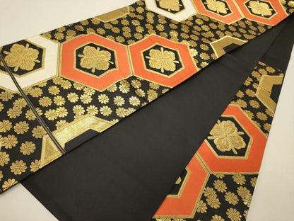 平和屋着物◎六通柄袋帯 亀甲花文 黒地 金糸 正絹 逸品 CABG5866oy