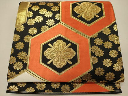 平和屋着物◎六通柄袋帯 亀甲花文 黒地 金糸 正絹 逸品 CABG5866oy