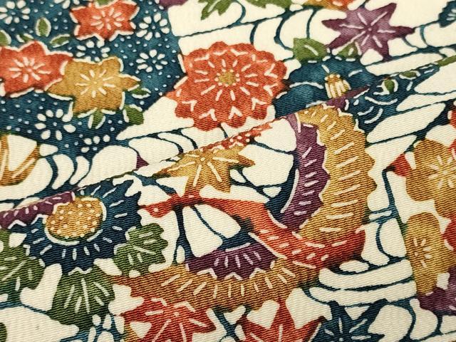 平和屋着物■上質な小紋 型染め 亀甲流水花鳥文 鬼しぼ縮緬 正絹 逸品 未使用 CABG5877oy