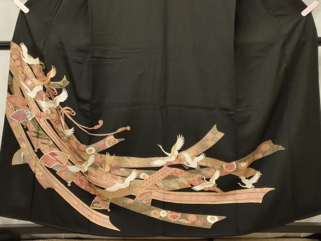 平和屋着物■豪華黒留袖　扇面短冊飛鶴文　金彩　正絹　逸品　CABG5908oy