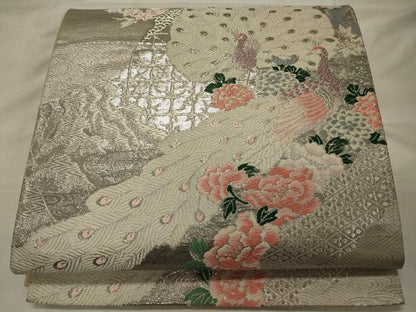 平和屋着物◎六通柄袋帯 唐織 プラチナ二丁箔 孔雀花文 正絹 逸品 CABG5915oy