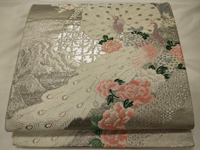 平和屋着物◎六通柄袋帯 唐織 プラチナ二丁箔 孔雀花文 正絹 逸品 CABG5915oy
