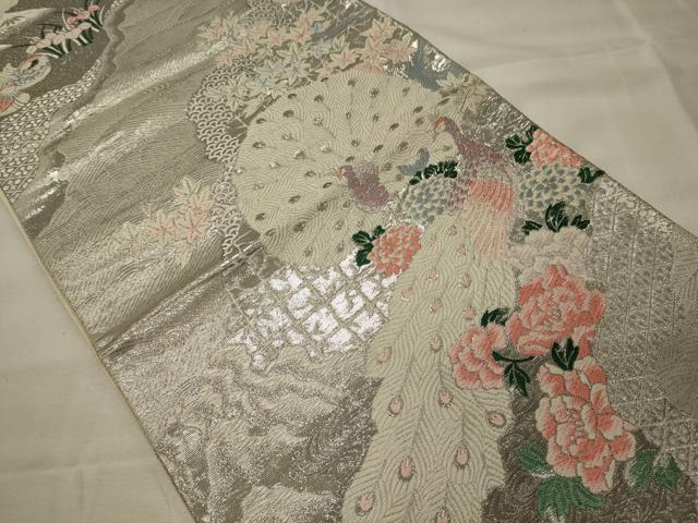 平和屋着物◎六通柄袋帯 唐織 プラチナ二丁箔 孔雀花文 正絹 逸品 CABG5915oy