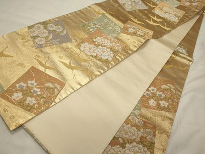平和屋着物◎六通柄袋帯　全通箔　飛鶴色紙花文　金糸　鈴乃屋扱い　正絹　逸品　CABG5942oy