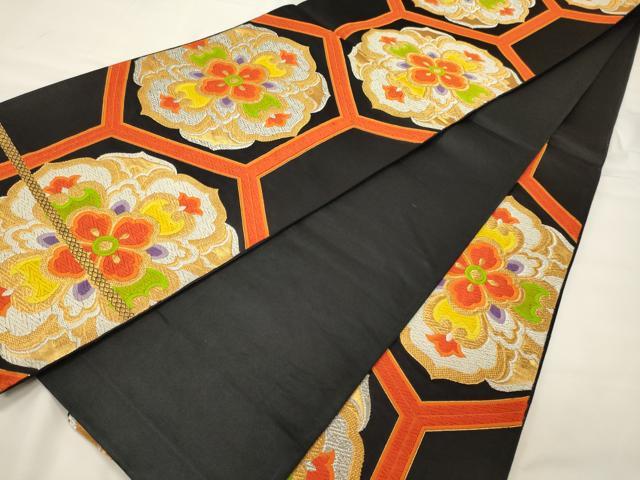 平和屋着物◎六通柄袋帯　唐織　亀甲正倉院花文　黒地　金銀糸　正絹　逸品　CABG5945oy