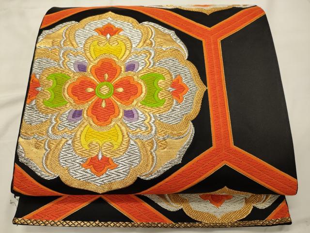 平和屋着物◎六通柄袋帯　唐織　亀甲正倉院花文　黒地　金銀糸　正絹　逸品　CABG5945oy