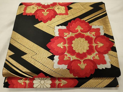 平和屋着物◎六通柄袋帯　唐織　松皮菱正倉院花文　黒地　金銀糸　正絹　逸品　CABG5948oy