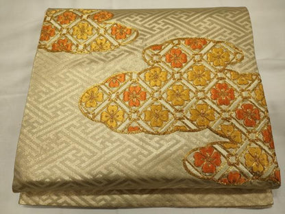 平和屋着物◎太鼓柄袋帯　駒刺繍　雲取り菱花文　正絹　逸品　CABG5952oy