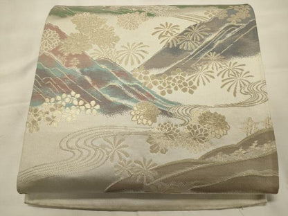 平和屋着物◎六通柄袋帯　遠山流水花文　金糸　正絹　逸品　CABG5953oy