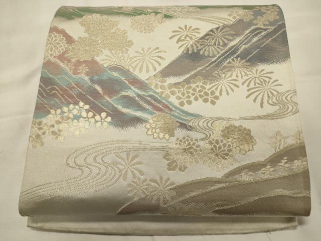平和屋着物◎六通柄袋帯　遠山流水花文　金糸　正絹　逸品　CABG5953oy