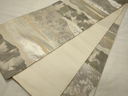 平和屋着物◎西陣　服部織物謹製　六通柄袋帯　こはく錦　遠山草木文　金銀糸　正絹　逸品　CABG5960oy