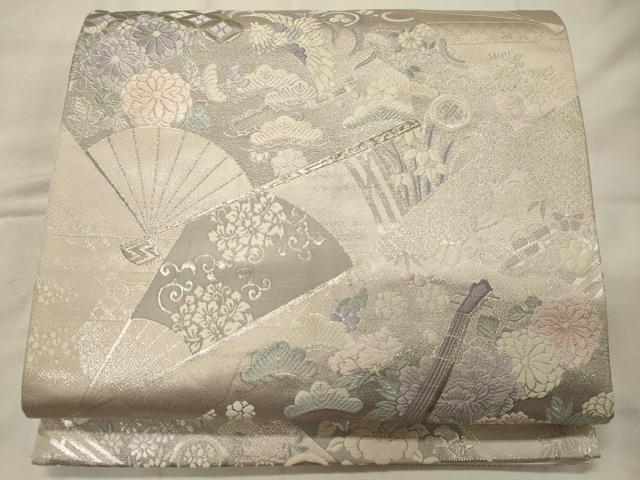 平和屋着物◎六通柄袋帯　唐織　プラチナ箔九百錦　扇面花鳥松文　正絹　逸品　CABG5977oy