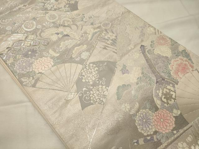 平和屋着物◎六通柄袋帯　唐織　プラチナ箔九百錦　扇面花鳥松文　正絹　逸品　CABG5977oy