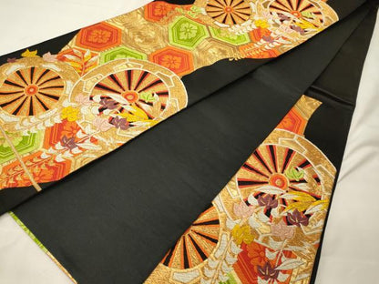 平和屋着物◎六通柄袋帯　唐織　吉祥源氏車　黒地　金糸　正絹　逸品　CABG5990oy