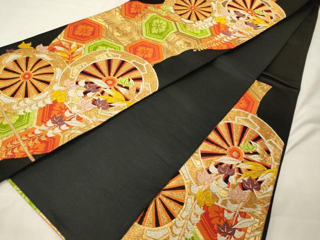 平和屋着物◎六通柄袋帯　唐織　吉祥源氏車　黒地　金糸　正絹　逸品　CABG5990oy